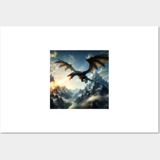 Unveiling the Majestic Sight: A Fire-Breathing Dragon Soaring Over the Mountain Peaks in Stunning Detail Posters and Art